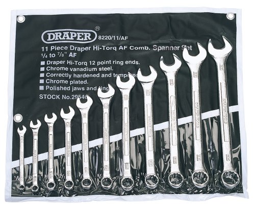 11-piece Draper combination spanner set in a clear pouch, featuring chrome-plated steel wrenches with polished jaws, ranging from 1/4" to 7/8" AF sizes.