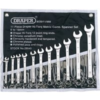 Draper 11 piece metric spanner set with chrome finish, polished heads, and black storage pouch.