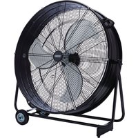 Black Draper 110V drum fan, 30-inch, with metal frame, large blades, and wheels for easy mobility.