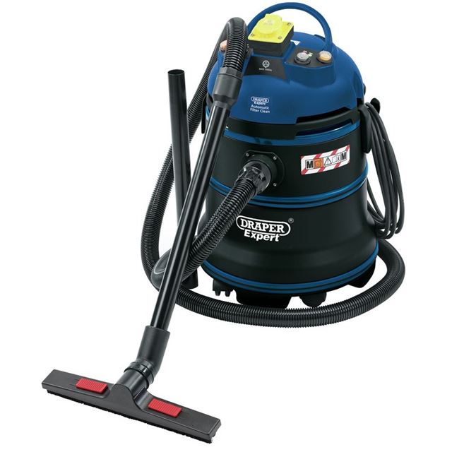 Blue and black 35L wet and dry vacuum cleaner with a sturdy build, featuring a yellow power switch, multiple accessory ports, and a flexible hose attachment.