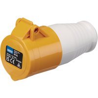 Yellow and white Draper 110V site socket, IP44, 16A, with a ribbed body and a hinged cover.