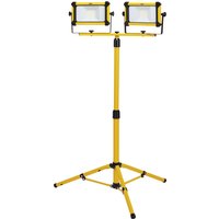 Yellow Draper 110V LED tripod site light with dual 20W lamps, adjustable height, and sturdy tripod base.