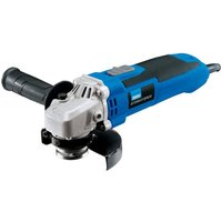 Blue and black Draper 115mm angle grinder with silver metal head and side handle, 500W power.