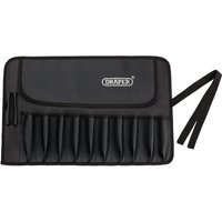 Black Draper 12 Division Tool Roll with flap cover, logo, and tie straps, featuring twelve pockets for tool storage.