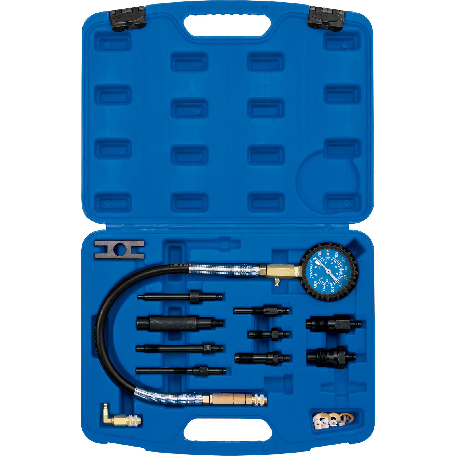 Blue plastic case containing a 12-piece diesel compression test kit, featuring a pressure gauge, various adapters, and hoses arranged neatly inside.