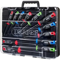 "Draper 12 Piece Soft Grip Screwdriver Set in black carry case with clear lid, featuring color-coded handles."
