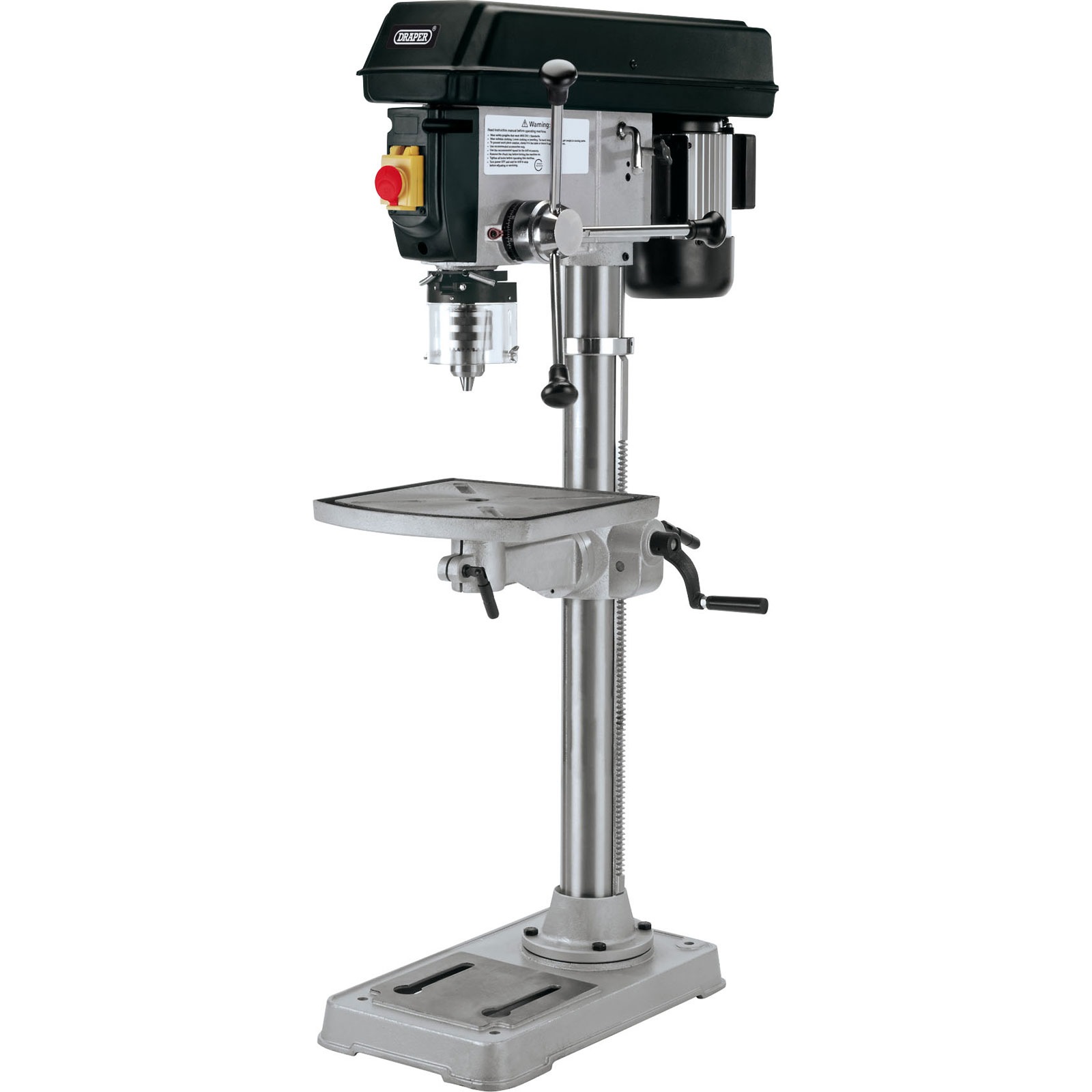 Draper 02016 12 Speed Bench Drill features a black motor housing, silver metal base, adjustable table, and a drill chuck, designed for precision drilling with a 600W power output.