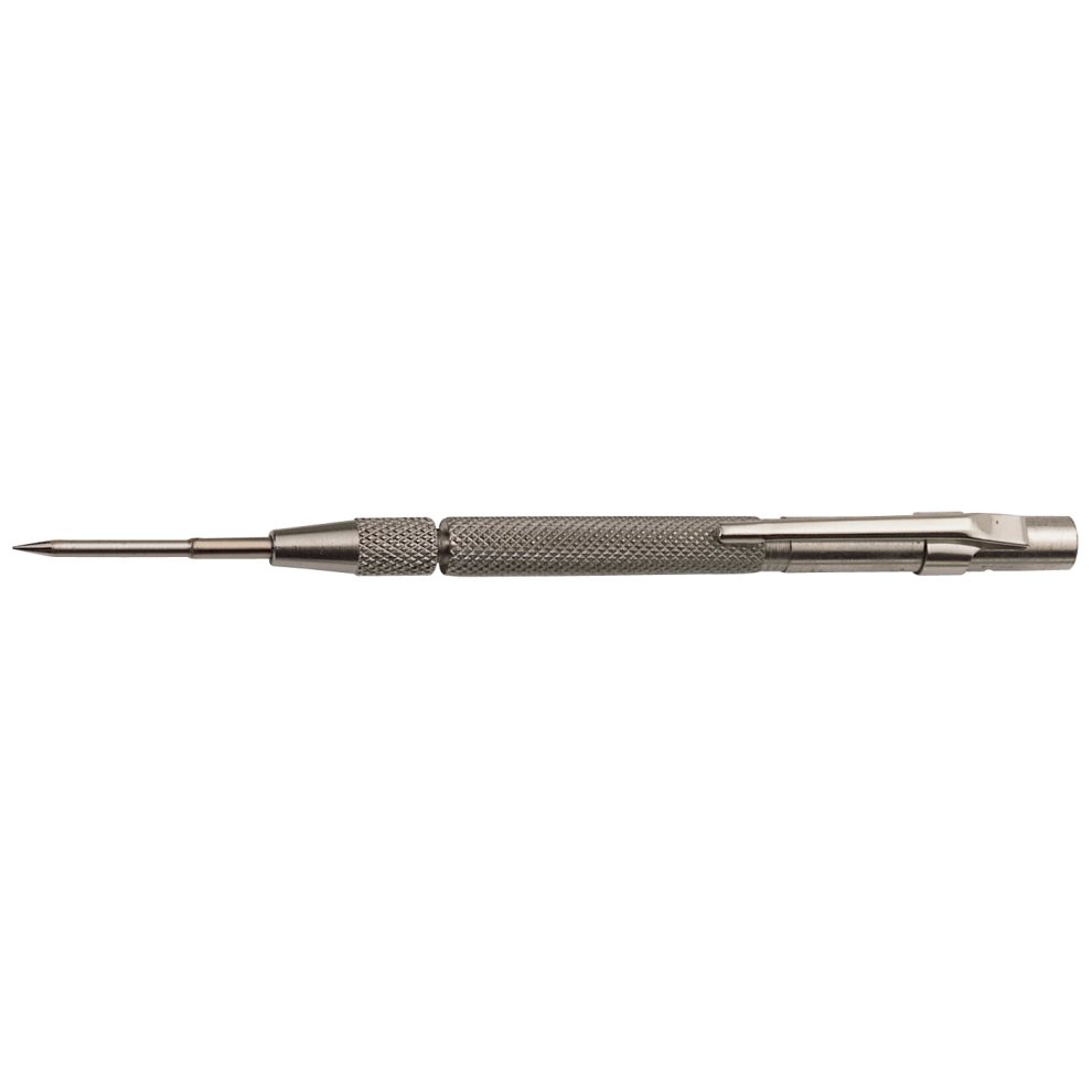 Silver metal pocket scriber with a pointed tip, knurled grip for better handling, and a clip for easy attachment, measuring 125mm in length.
