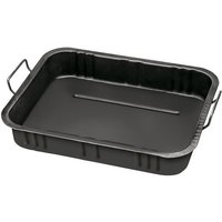 Black Draper 12L metal drip tray with raised edges, two side handles, and ribbed base for stability.