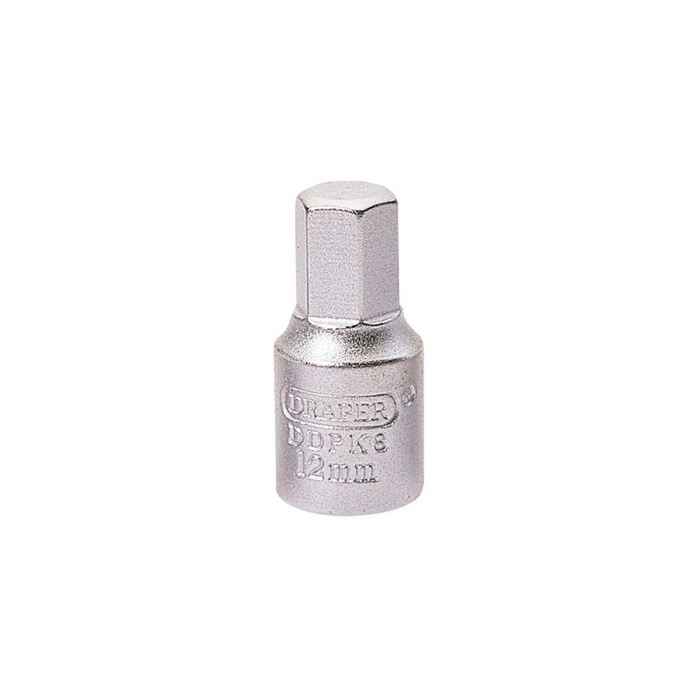 Draper 38326 drain plug key with a 12mm hexagon head and 3/8" square drive, made of shiny silver metal with engraved branding.