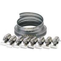Silver Draper hose clamp set with multiple 12mm wide adjustable clamps and perforated bands.