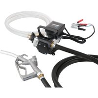 Black Draper 12v/24v diesel transfer pump with hoses, nozzle, and red/black battery clamps.