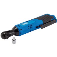Blue Draper 12V 3/8" ratchet with black grip, compact design, and included socket attachment.
