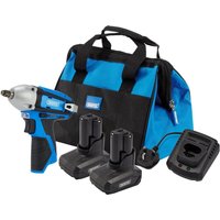 Blue and black Draper 12v cordless impact wrench with two batteries, charger, and matching tool bag.