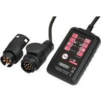 Draper towbar socket tester with black casing, 13 and 7 pin connectors, and labeled LED indicators.
