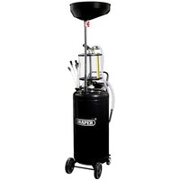 Black Draper 90L suction oil drainer with chamber, wheeled base, and multiple hoses for efficient oil extraction.