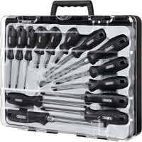 "Draper 14 Piece Hard Grip Screwdriver Set with black handles in a transparent carry case with black latch and handle"