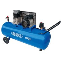 Blue Draper 150L belt-driven air compressor with black wheels, motor, and handle, featuring a 2.2Kw engine.