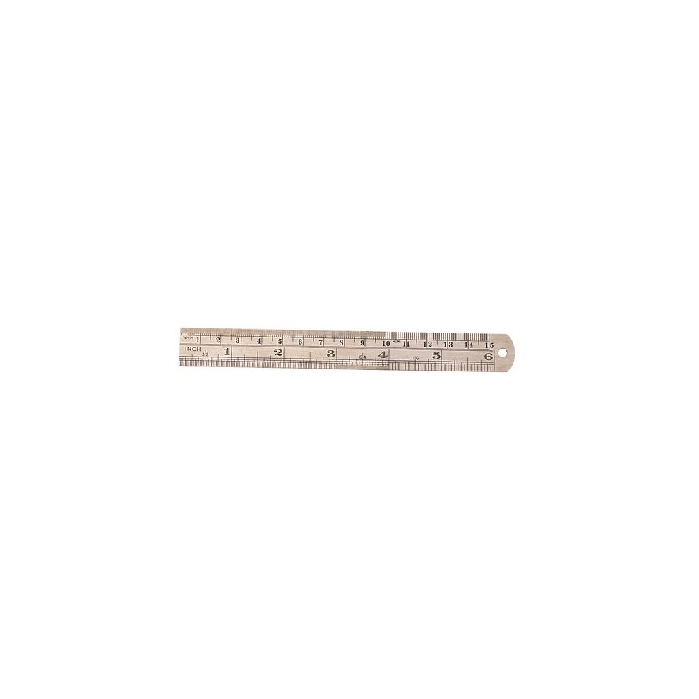 Silver 150mm steel rule with clear black markings and rounded ends, featuring metric and imperial measurements for precision in various tasks.