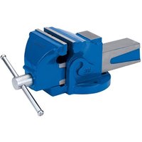 Blue Draper 150MM engineers bench vice with silver jaws and rotating handle, mounted on a flat base.