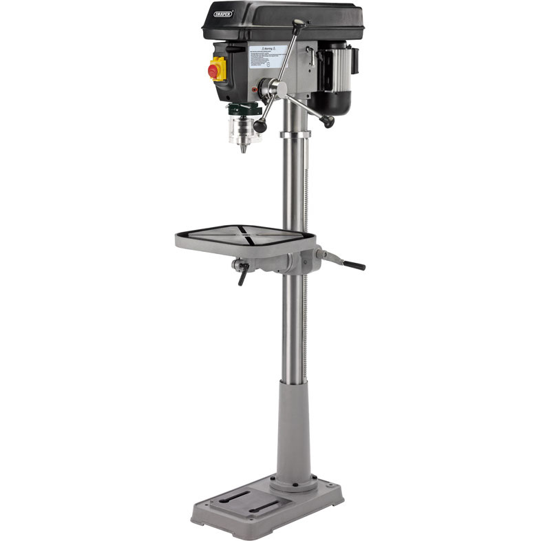 Draper 02019 16 Speed Floor Standing Drill features a sturdy metal frame, adjustable height, a black motor housing, and a large rectangular work table for versatile drilling tasks.