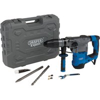 Blue and black Draper 1600W SDS MAX rotary hammer drill with side handle, drill bits, and gray carrying case.