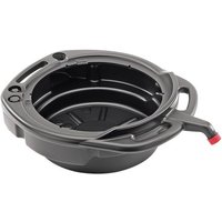Black Draper 16L fluid drain pan with spout, handles, and circular design for easy pouring and carrying.