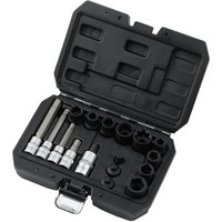 Black Draper 17 Piece Brake Caliper Socket and Bit Set in a molded case with various sockets and bits neatly arranged.