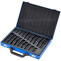 Draper 170 piece black oxide coated HSS drill bit set in a blue case with organized compartments and a handle.