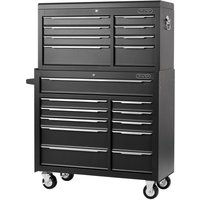 Black Draper 19 Drawer Combination Roller Cabinet and Tool Chest with silver handles and caster wheels.