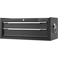 Black Draper 2 Drawer Mid Tool Chest with chrome handles and side latch, featuring a lockable top.
