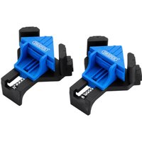 Blue and black Draper corner clamps with adjustable jaws and spring mechanism, set of two.