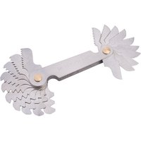 Draper 20 Blade Screwpitch Gauge Set, silver metal with fan-like blades, measures 0.4 - 6mm, brass pivot points.