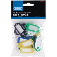 Assorted Draper key tags in a pack of 20, featuring black, green, yellow, and blue tags with white labels and metal rings.
