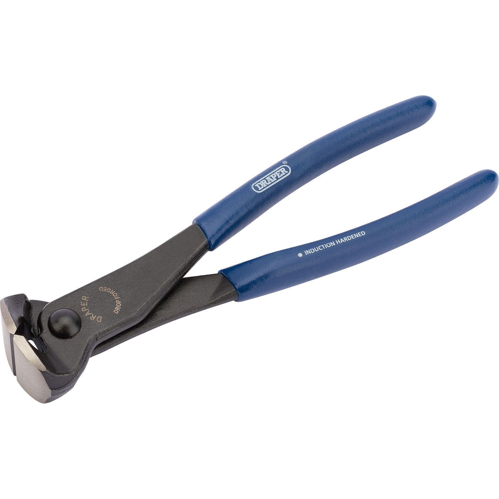 Draper 63866 end cutting pliers with blue rubber grips and black induction-hardened steel jaws, measuring 200mm in length, designed for cutting wire and nails.