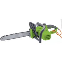 Green Draper 230V chainsaw with 350mm blade, black handle, and orange power cord.
