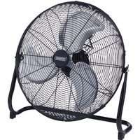 "Draper 230V floor fan, 20-inch, black metal frame with three silver blades and sturdy base"
