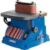 Blue Draper oscillating spindle and belt sander with red sanding belt, multiple spindles, and power switch on base.