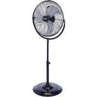 Black Draper pedestal fan, 18-inch with adjustable height, circular mesh grille, and sturdy round base.