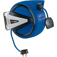 Blue Draper retractable electric cable reel, 20m, with black and silver accents, UK plug, and wall mount bracket.