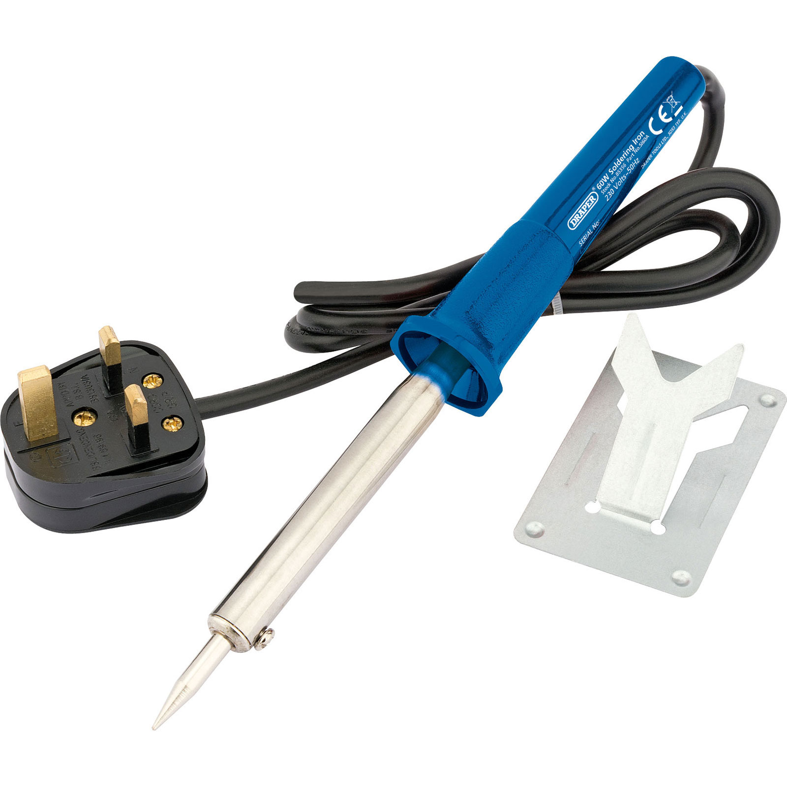Blue 60W soldering iron with a stainless steel tip, featuring a black three-pin plug and a metal stand with a flat base for stability.
