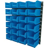 Blue Draper wall storage unit with 24 large bins on a black frame, arranged in four rows of six bins.