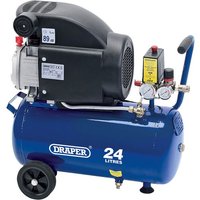 Blue Draper 24L air compressor with black motor, pressure gauges, and wheels for portability.