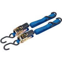 Blue Draper ratcheting tie down straps with black hooks and metal ratchet mechanism, 250Kg capacity, set of two.