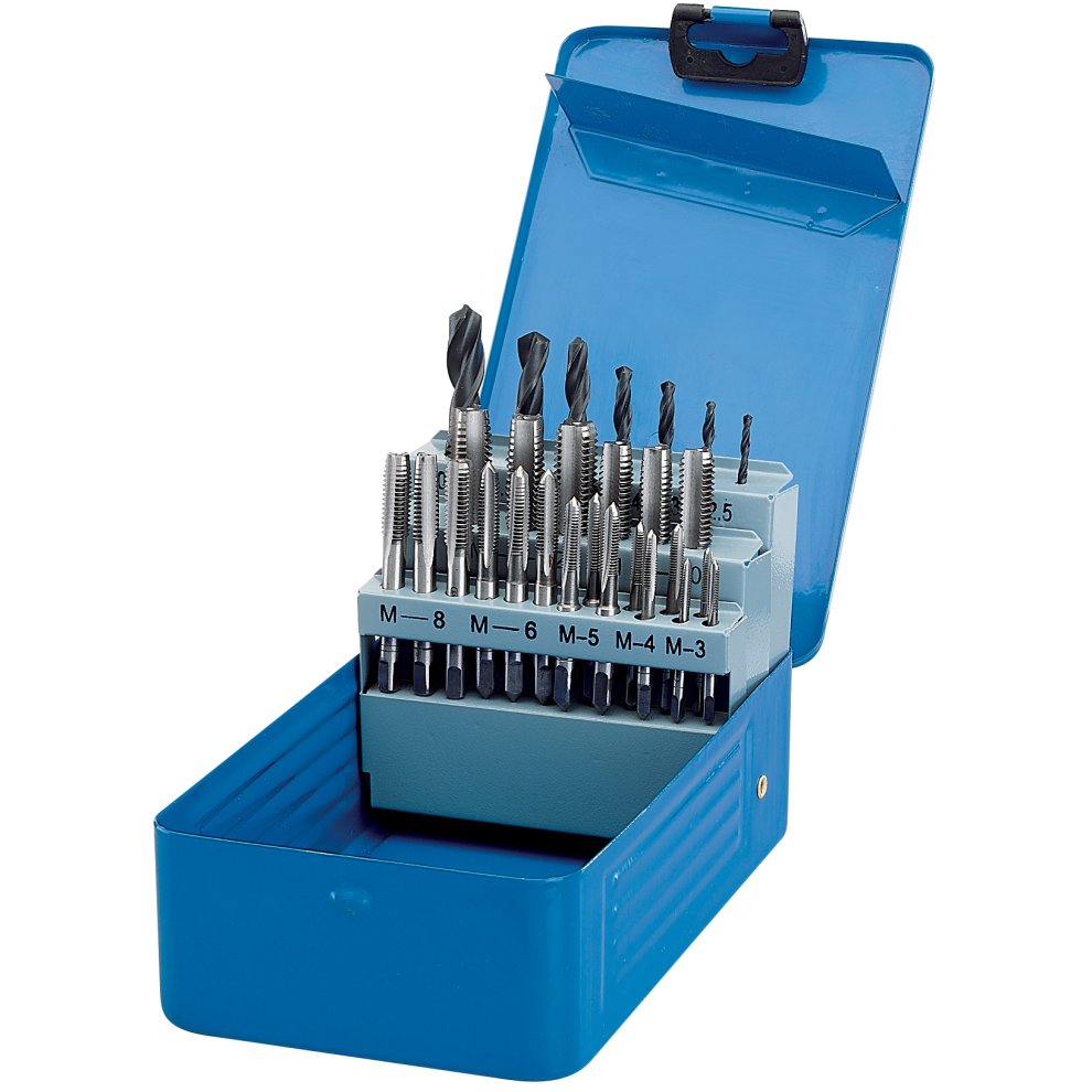 28-piece metric tap and HSS drill set in a blue plastic case, featuring organized drill bits and taps with labeled sizes for easy identification.