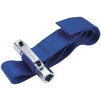 Blue Draper oil filter strap wrench with metal handle and adjustable nylon strap.