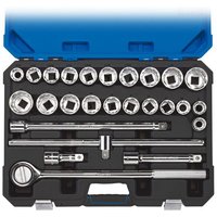 Blue case with Draper 3/4'' Sq. Dr. MM/AF socket set, silver sockets, ratchet, and extensions neatly organized inside.