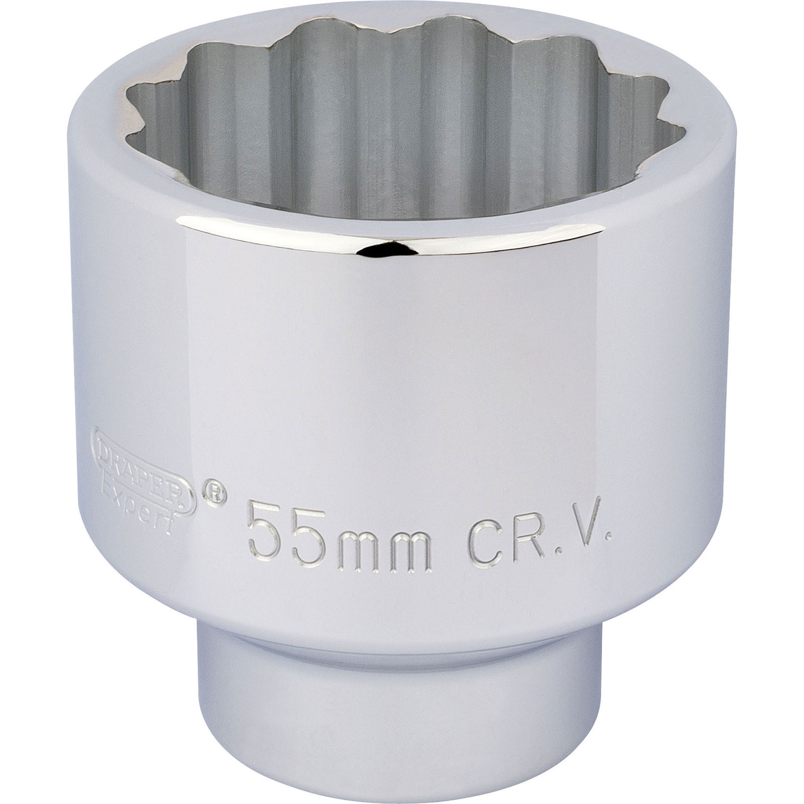 Draper 3/4" drive socket in chrome finish, 12-point design, with a 55mm size marked on the side, showcasing a smooth metallic surface and a deep, fluted interior.