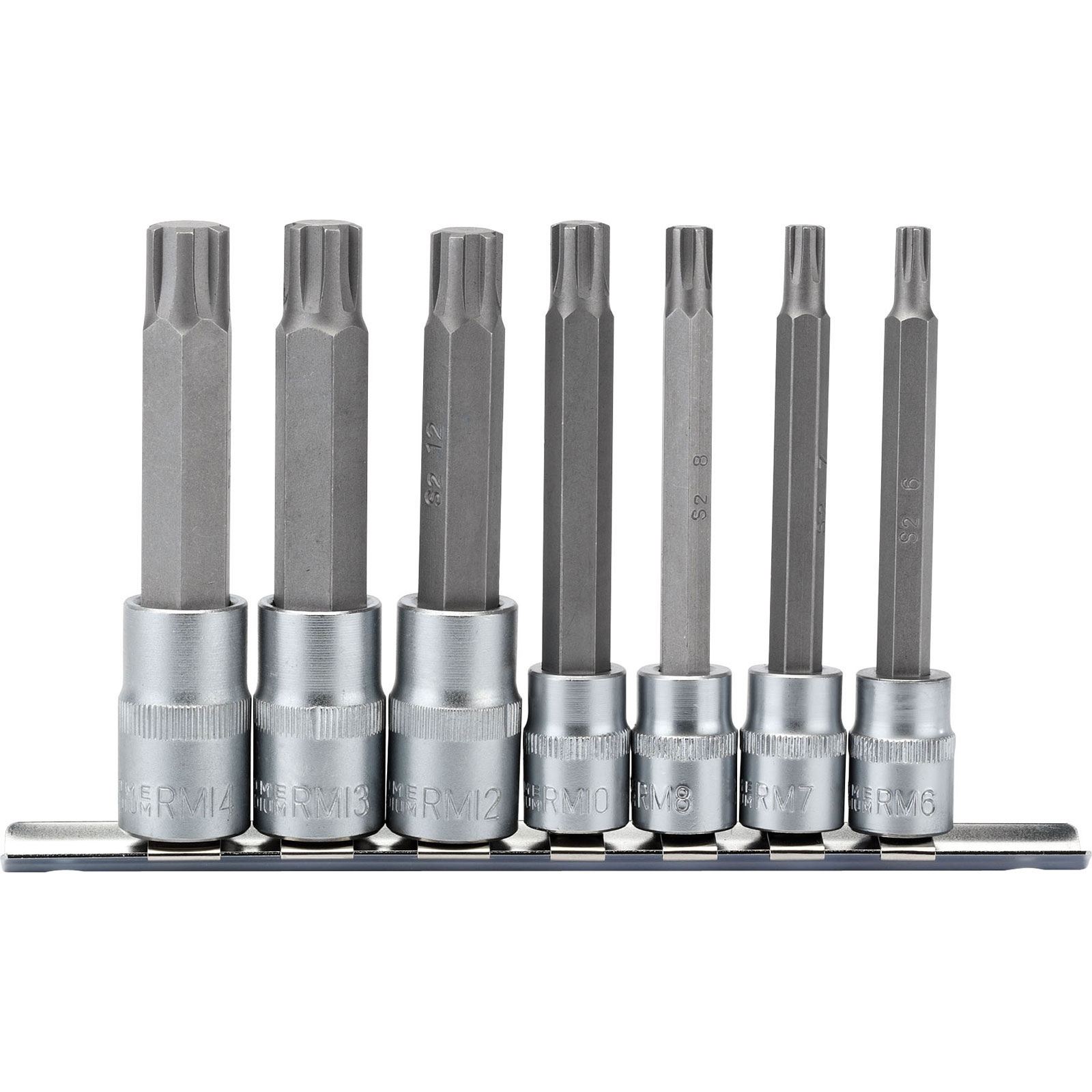 Seven-piece Draper Expert Ribe® socket bit set with silver chrome vanadium steel bits, featuring sizes labeled from M12 to M16, arranged on a black metal holder.