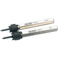 "Draper spot weld cutter set with two silver cylindrical cutters, sizes 3/8 and 5/16, featuring black cutting tips"